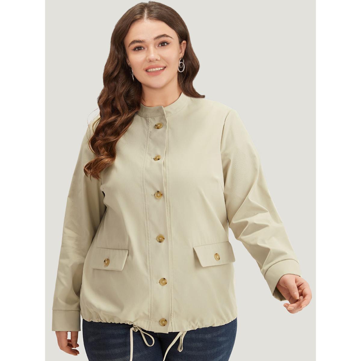 Plus Size Solid Stand Collar Drawstring Flap Pocket Jacket Women Ivory Casual Plain Ladies Dailywear Winter Coats BloomChic 30/6X Product Image