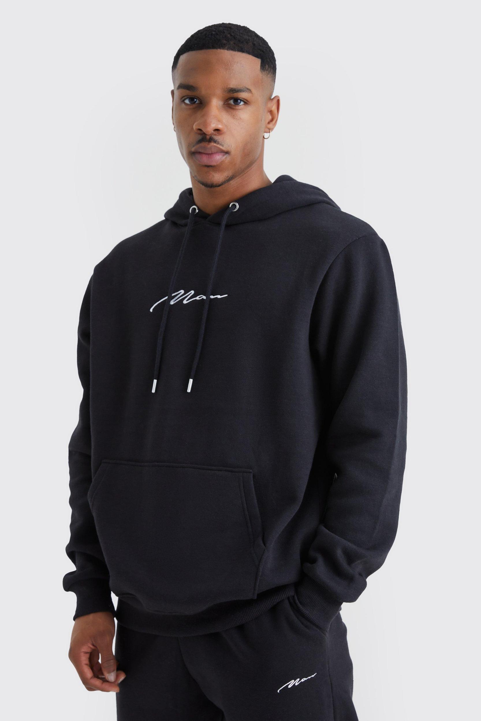 Mens Regular Fit Man Signature Over The Head Hoodie - Black Product Image