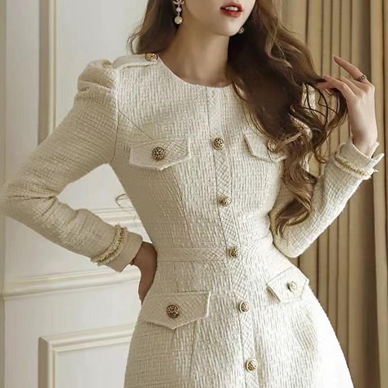 Long-Sleeve Round Neck Plain Button Tweed Mini A-Line Dress Product Image