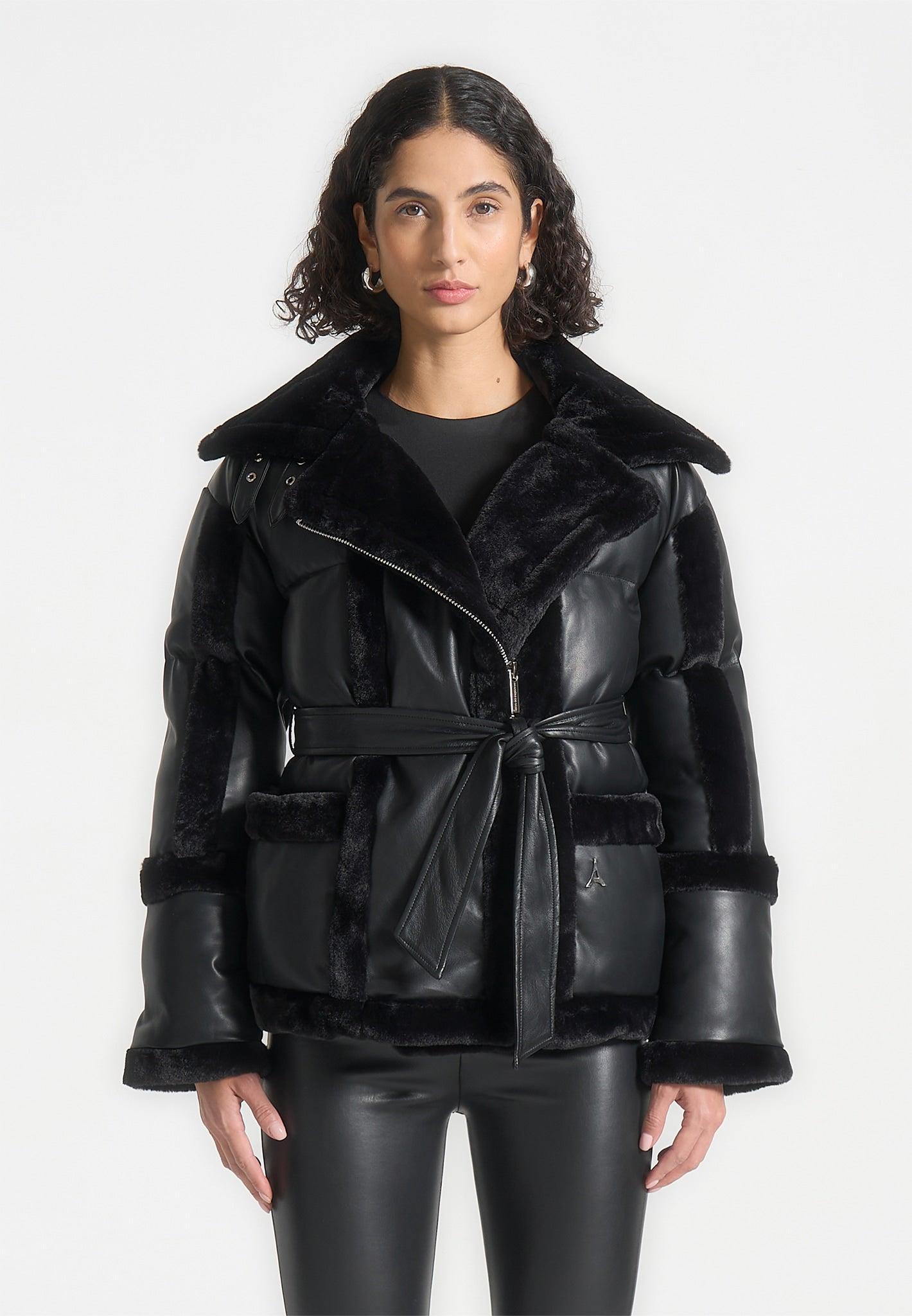 Leather and Plush Puffer Biker Jacket - Black Female Product Image