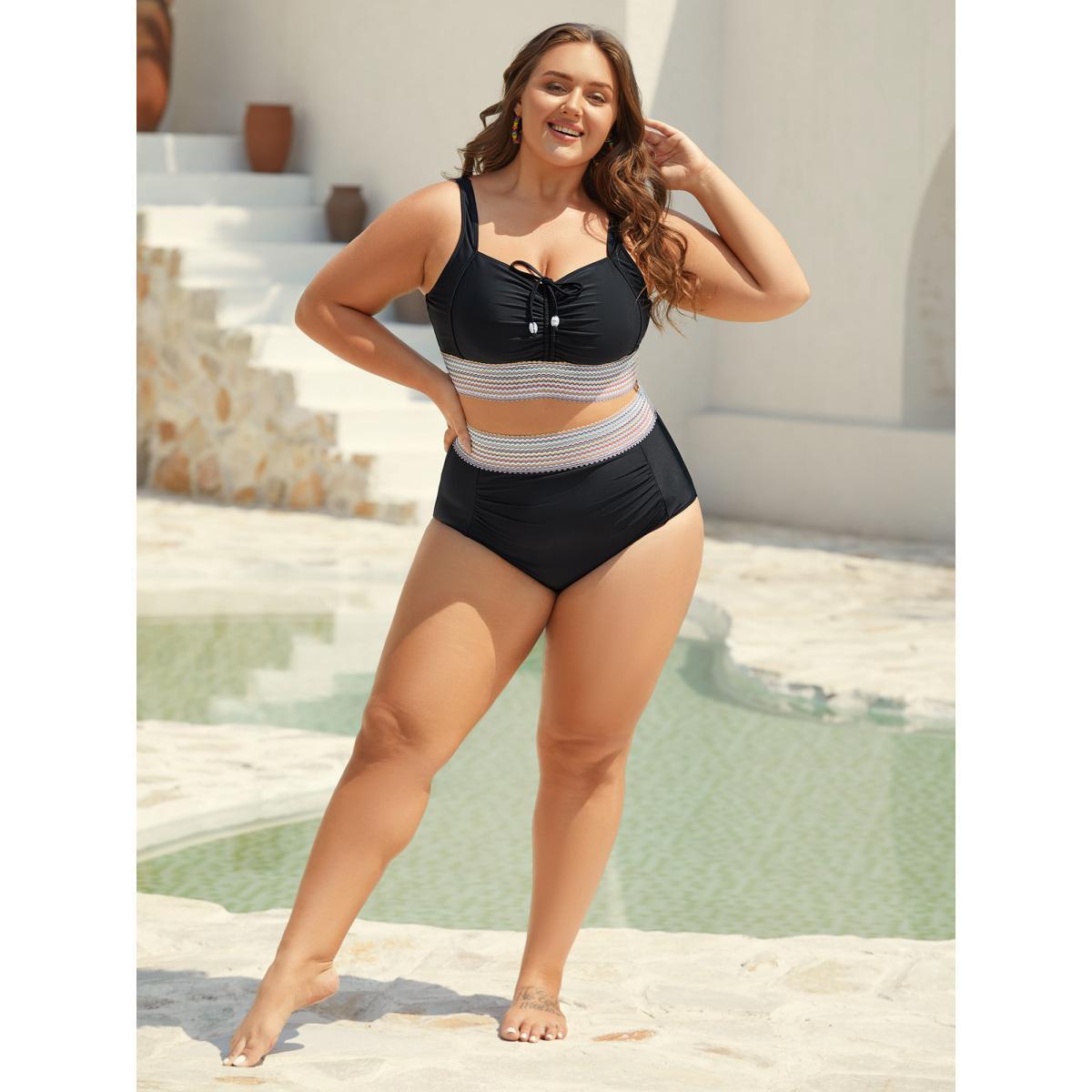 Plus Size Contrast Waistband Ruched Fitted Swim Bottoms Women's Swimwear Black Beach Woven ribbon&lace trim High stretch Skinny Mid Rise Curve Swim Bottoms BloomChic 26/4X Product Image
