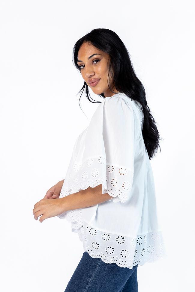 No Regrets Ivory Eyelet Detail Popover Short Sleeve Blouse SALE Product Image