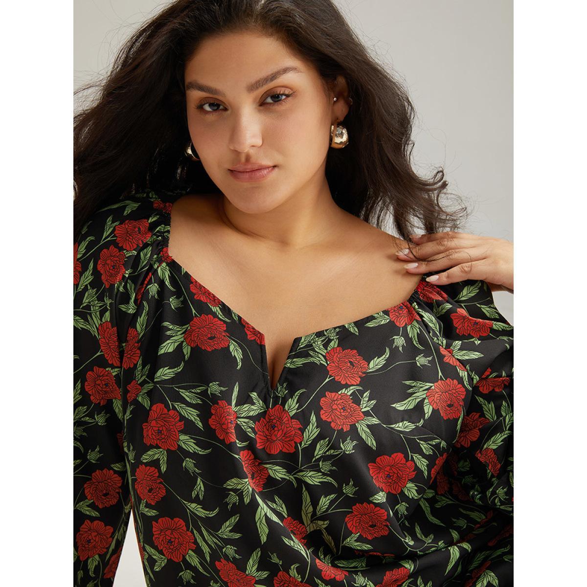 Plus Size BlackFlower Floral Print Notched Lantern Sleeve Blouse Women Elegant Long Sleeve Square Neck Dailywear Blouses BloomChic 22-24/3X Product Image