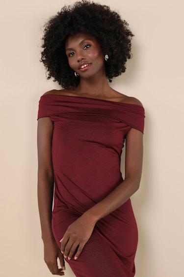 Clara Plum Purple Off-the-Shoulder Column Dress Product Image