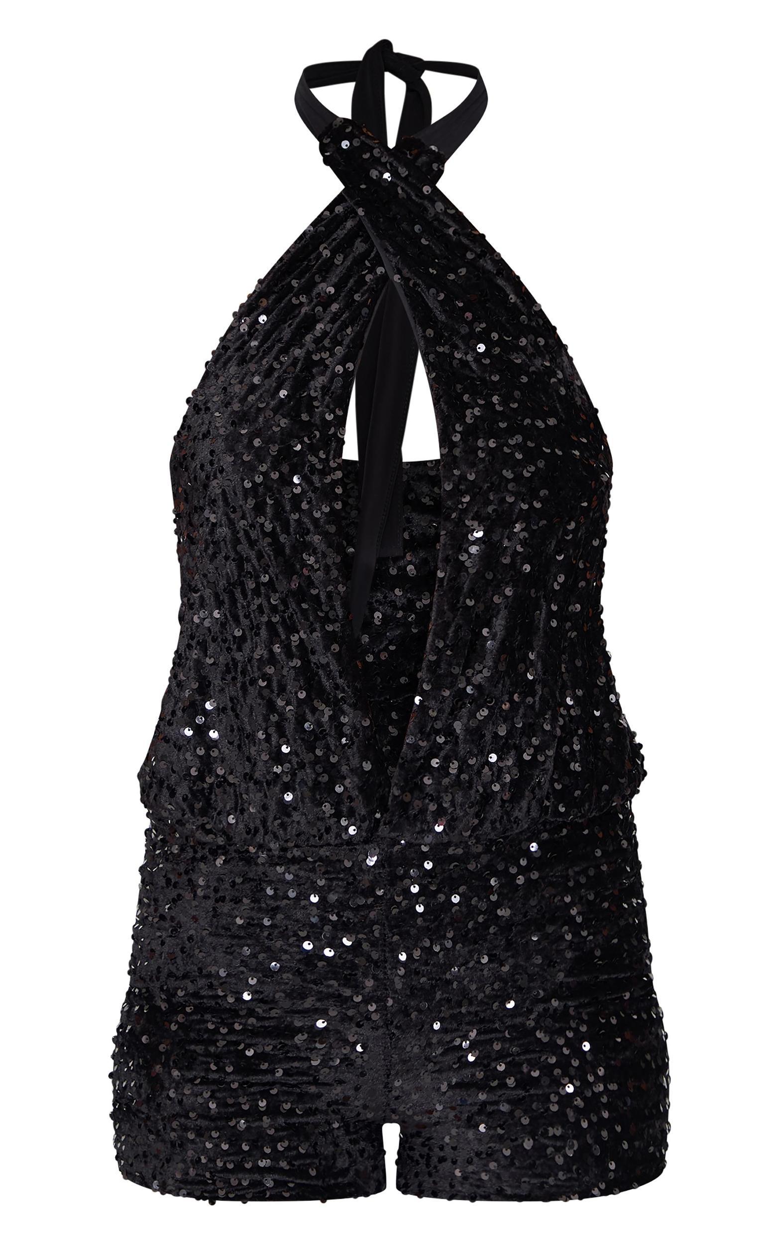 Tall Black Velvet Sequin Halterneck Romper Product Image