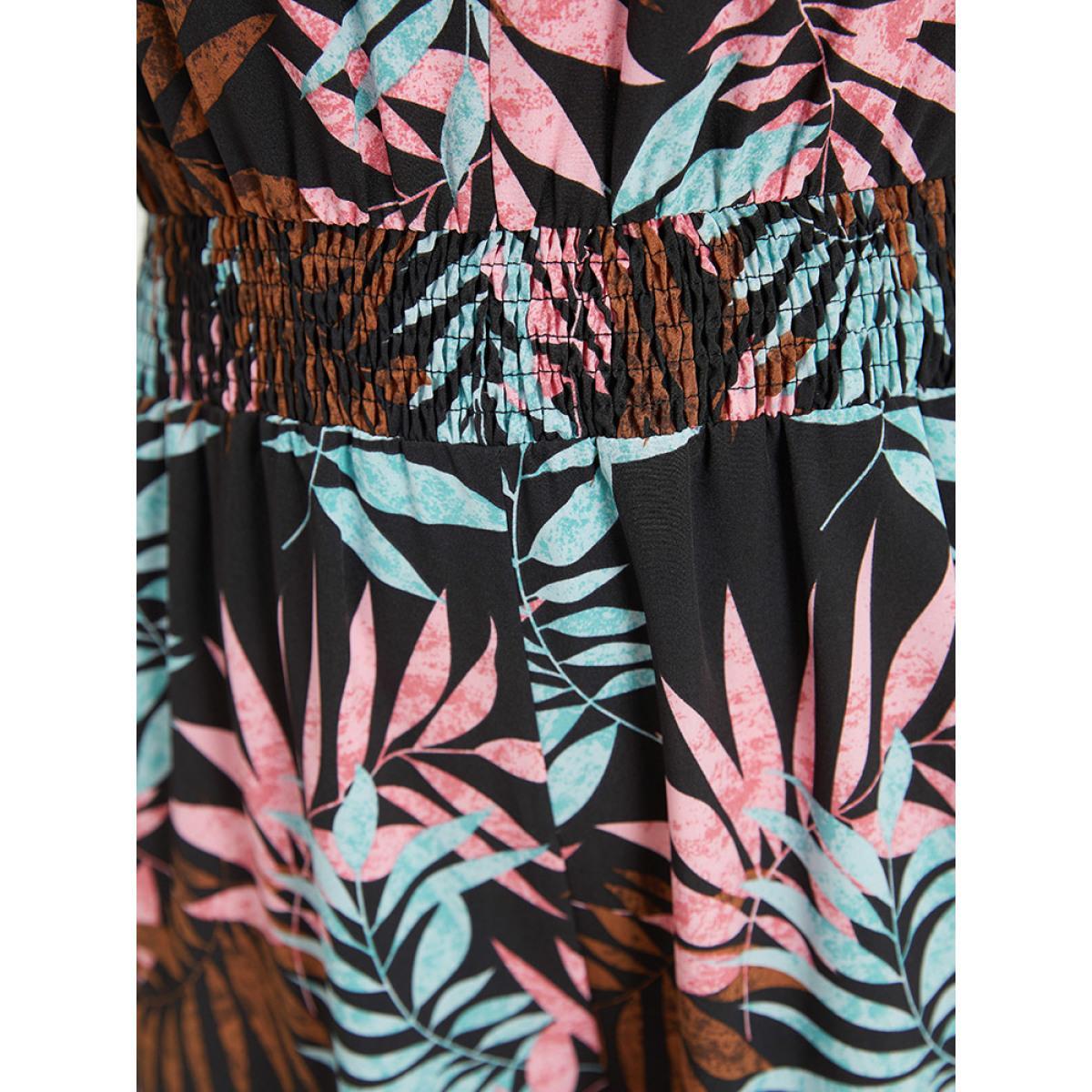 Plus Size Black Tropical Print Knot Neck Shirred Wrap Jumpsuit Women Elegant Short sleeve Tie Neck Dailywear Loose Jumpsuits BloomChic 30/6X Product Image