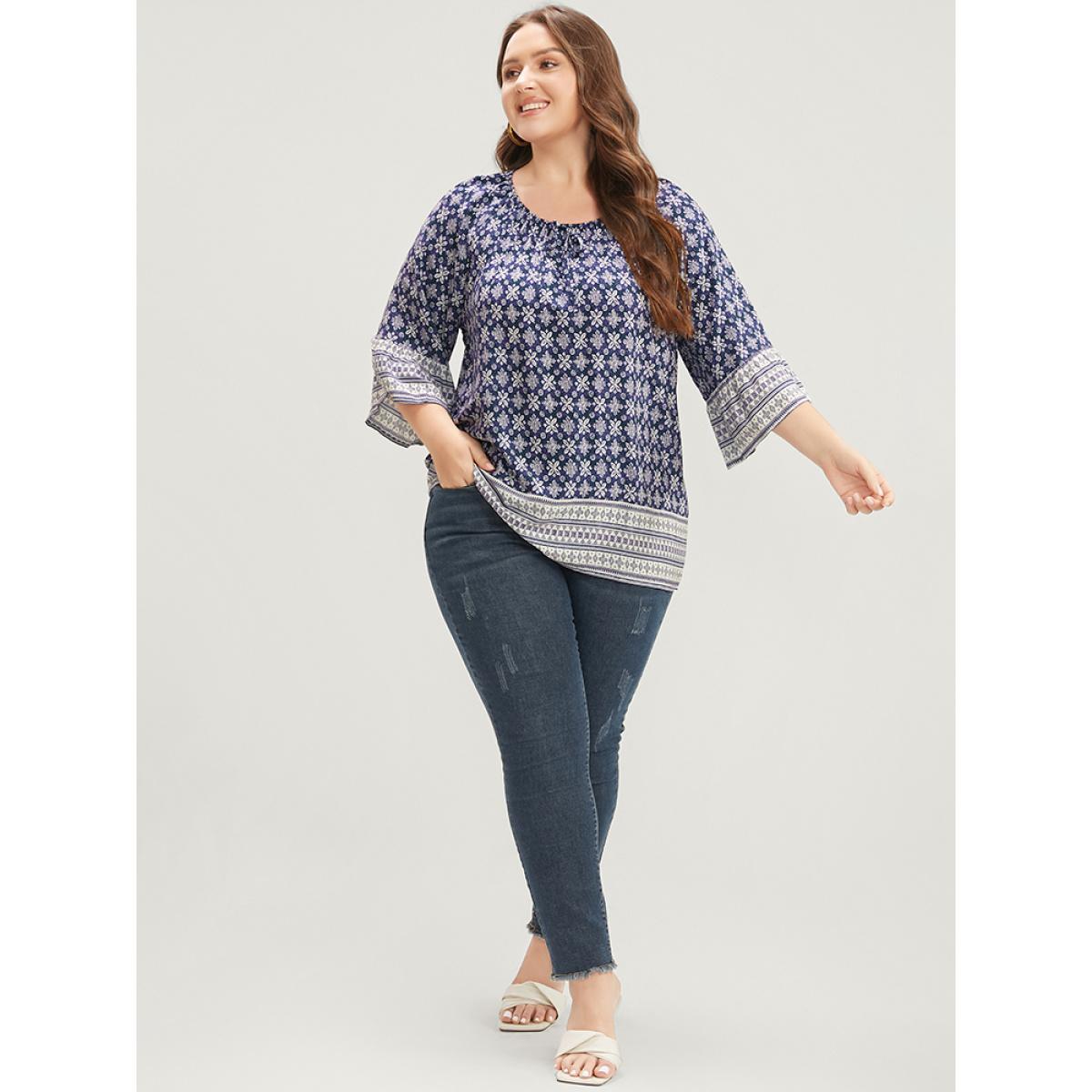 Plus Size Eggplant Floral Print Bell Sleeve Knotted Round Neck Blouse Women Vacation Elbow-length sleeve Round Neck Dailywear Blouses BloomChic 10/M Product Image