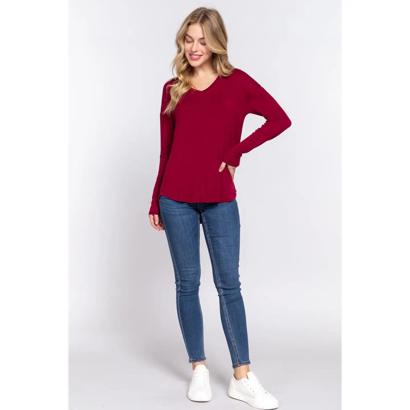 Women's Long Dolman Sleeve V-Neck Rayon Span Jersey Top Product Image
