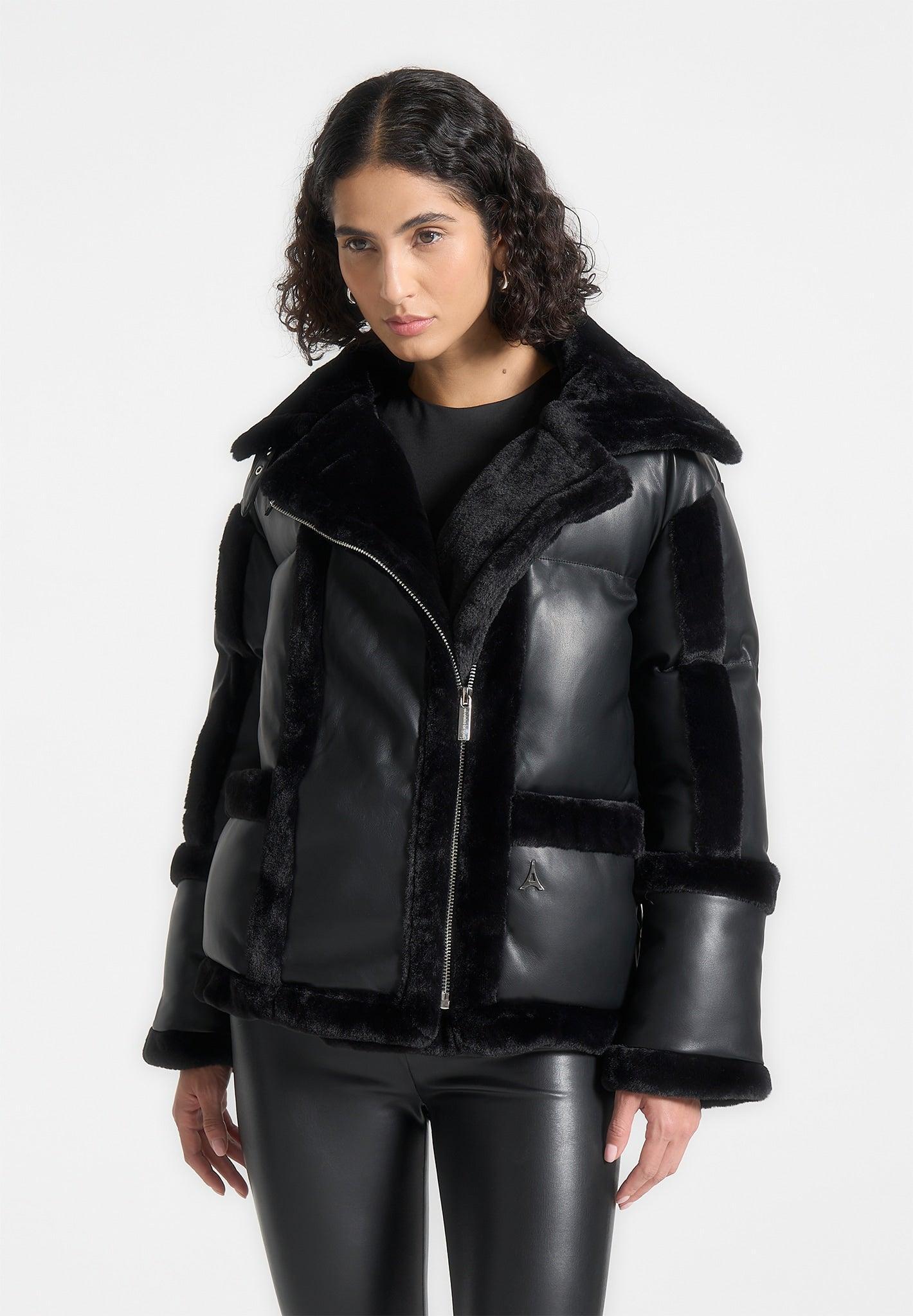 Leather and Plush Puffer Biker Jacket - Black Female Product Image