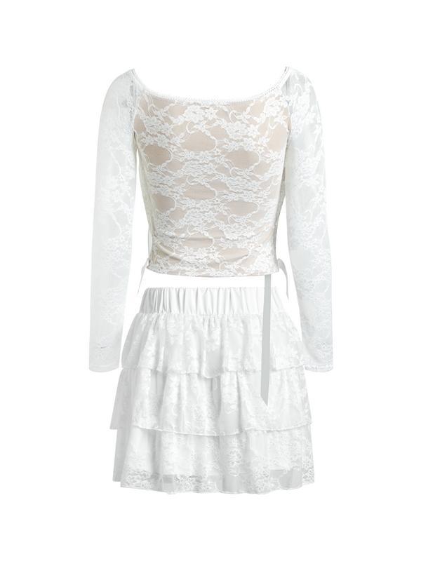 Lace Off Shoulder Tie Front Long Sleeve Tee & Tiered Skirt Set Product Image