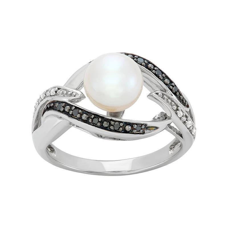 Freshwater Cultured Pearl, and Black and White Diamond Accent Sterling Silver Openwork Ring, Women's, Size: 7 Product Image