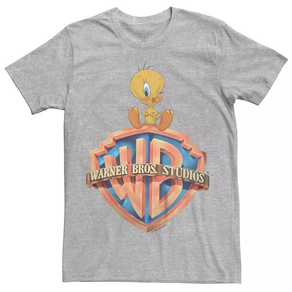 Men's Looney Tunes Tweety Sitting On Warner Bros Logo Graphic Tee, Size: Medium, Athletic Grey Product Image