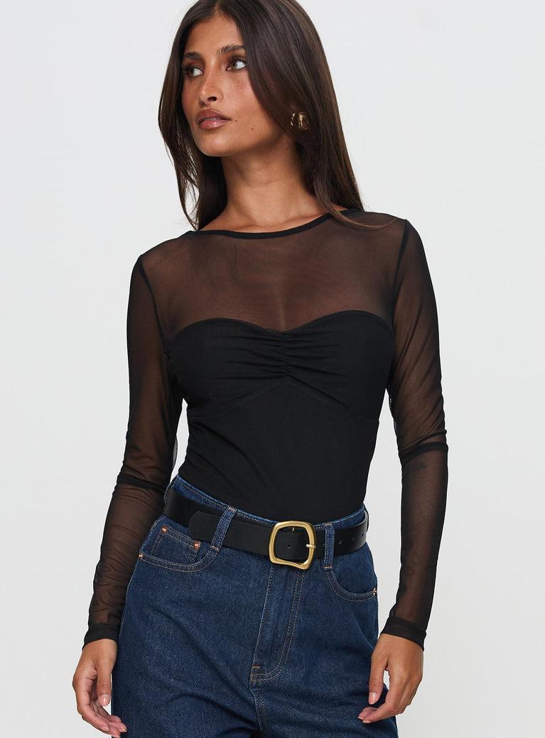 Delanee Mesh Detail Long Sleeve Bodysuit Black Product Image
