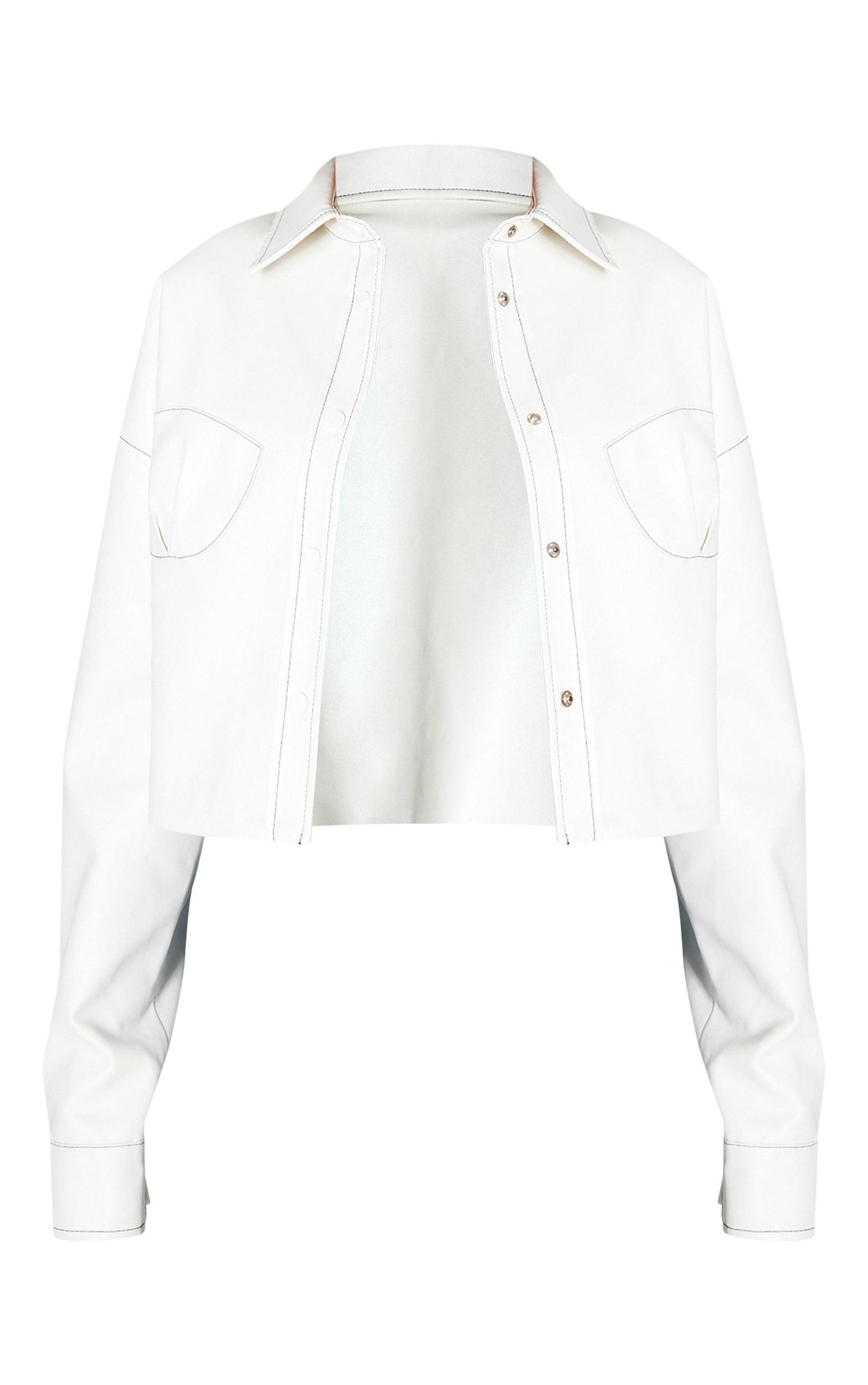 Ecru Faux Leather Cup Stitching Detail Crop Jacket Product Image