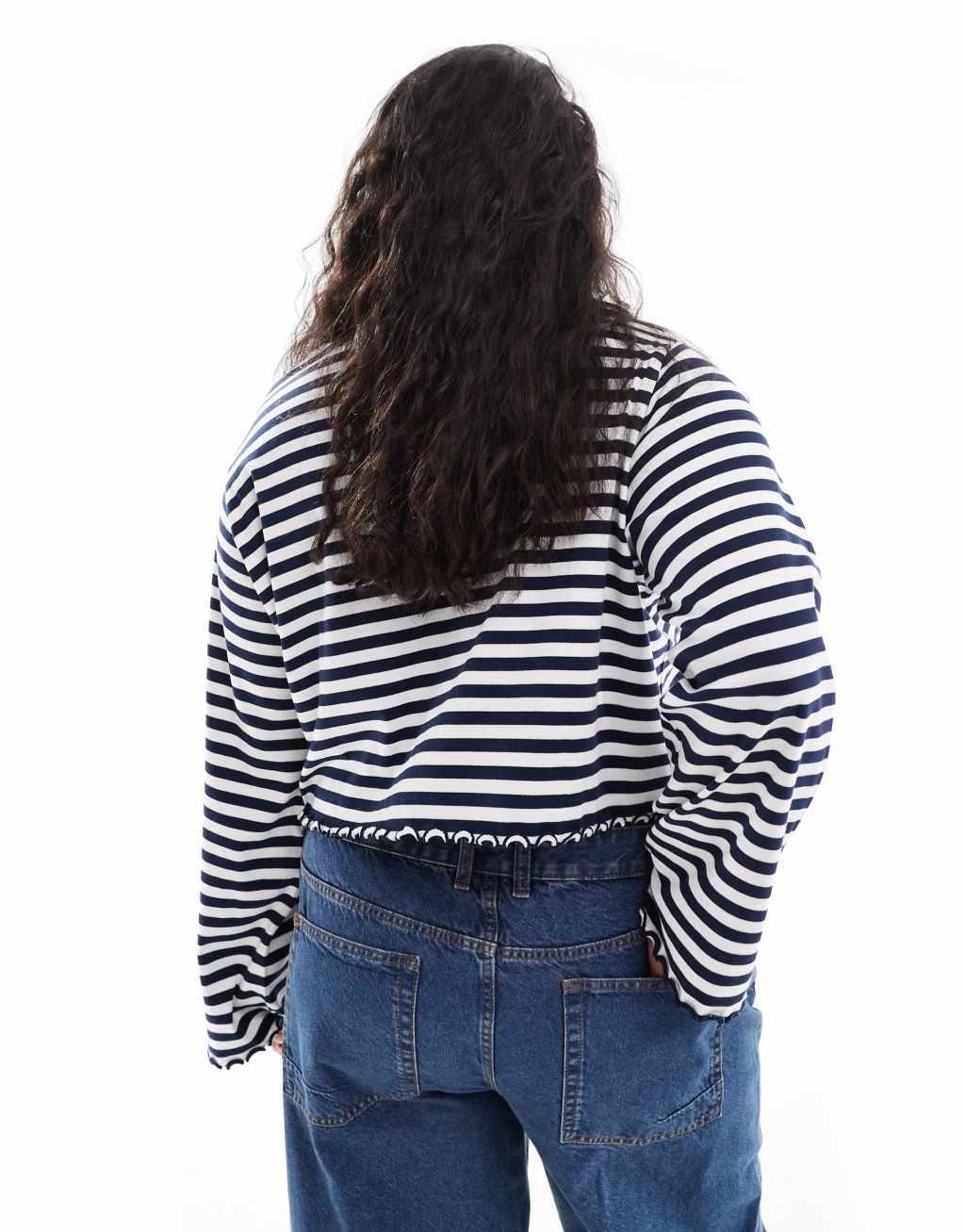 ASOS DESIGN Curve lettuce hem long sleeve t-shirt in white and navy stripe Product Image