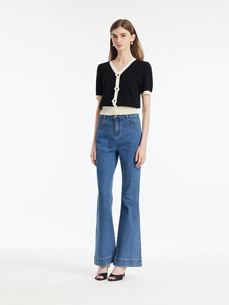 Tencel Contrast Trim V-Neck Women Knit Top With Detachable 3D Flower Product Image