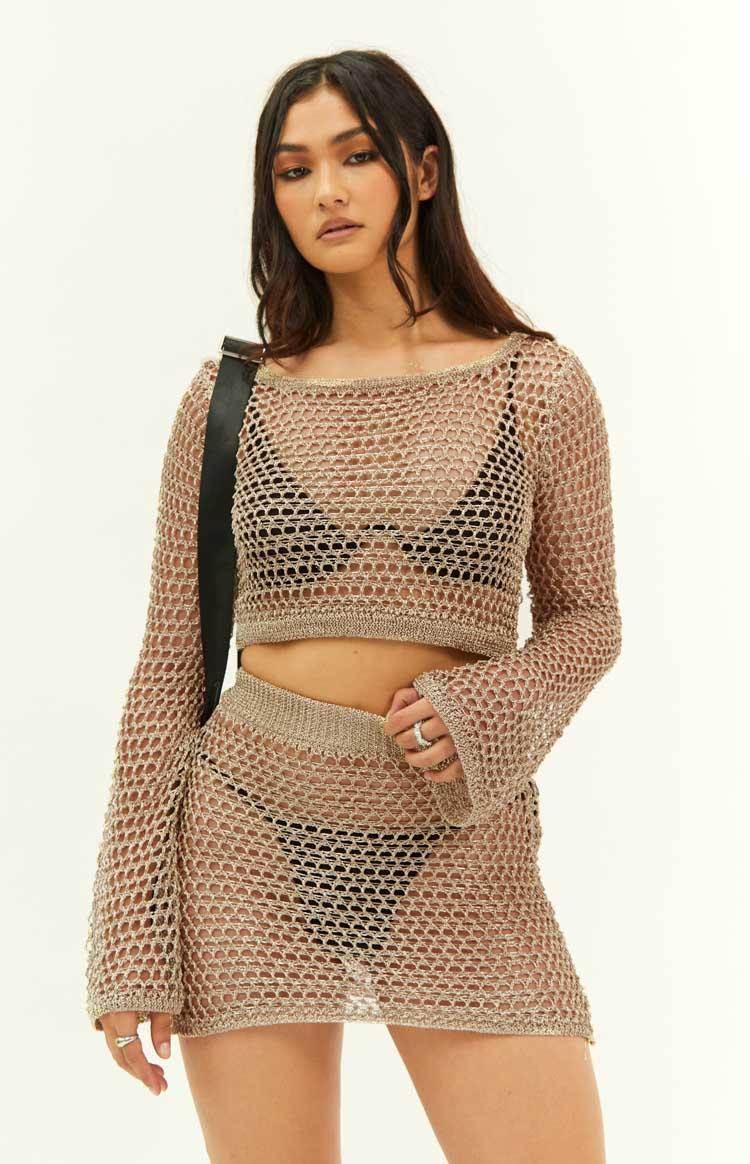 Wild Thoughts Gold Metallic Fishnet Mini Skirt Product Image