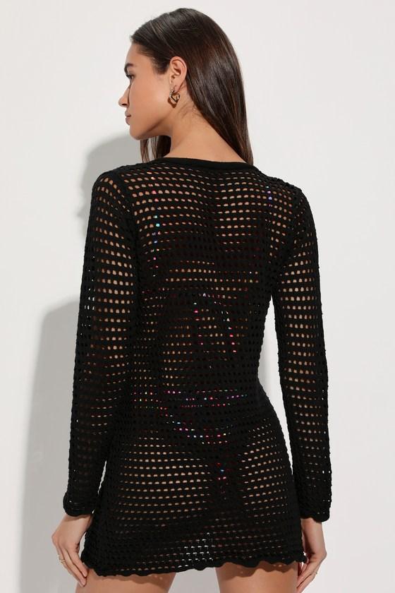 Stroll the Beaches Black Sheer Crochet Swim Cover-Up Cardigan Product Image