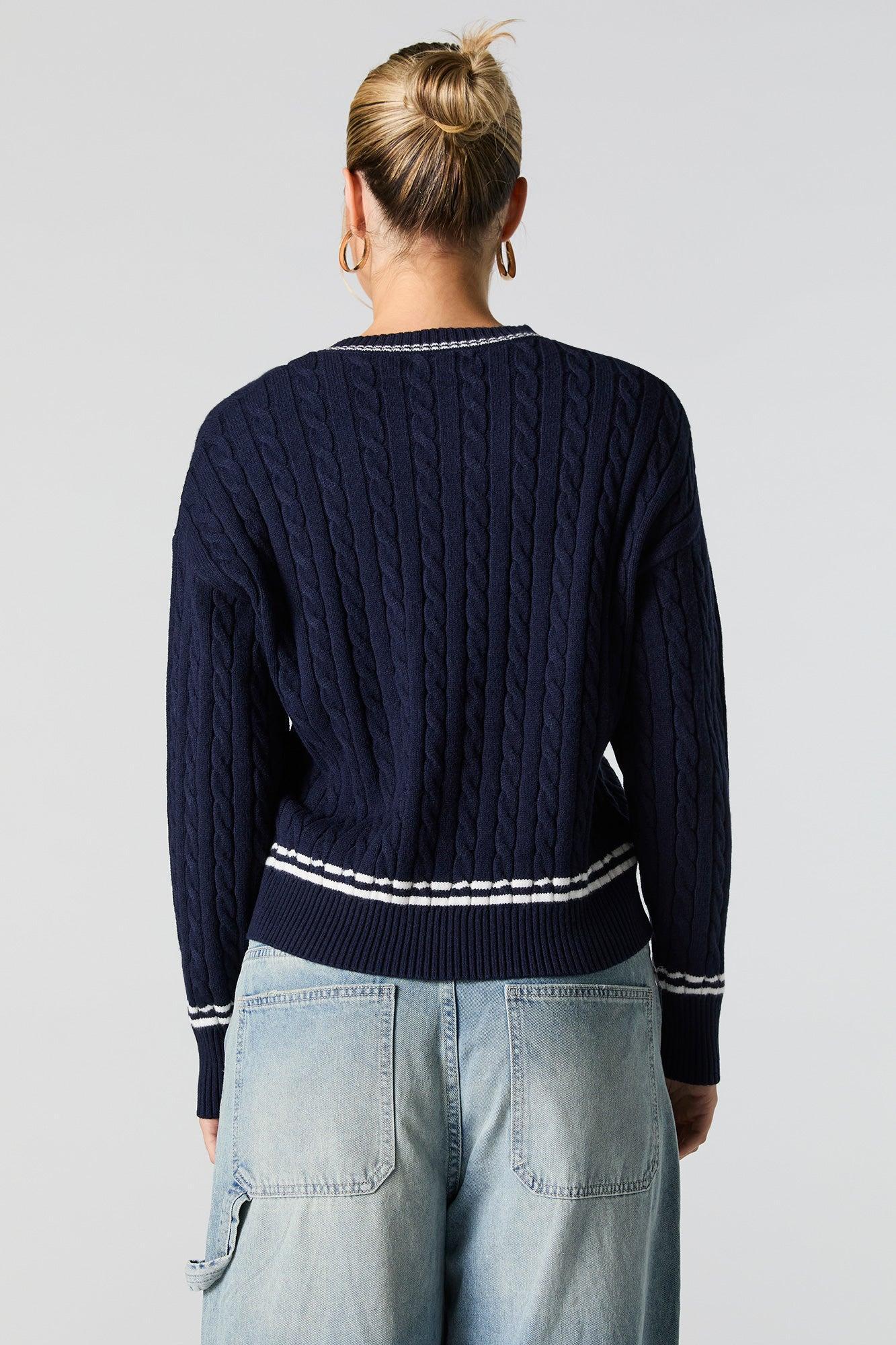 Number Embroidered Cable Knit Sweater Female Product Image