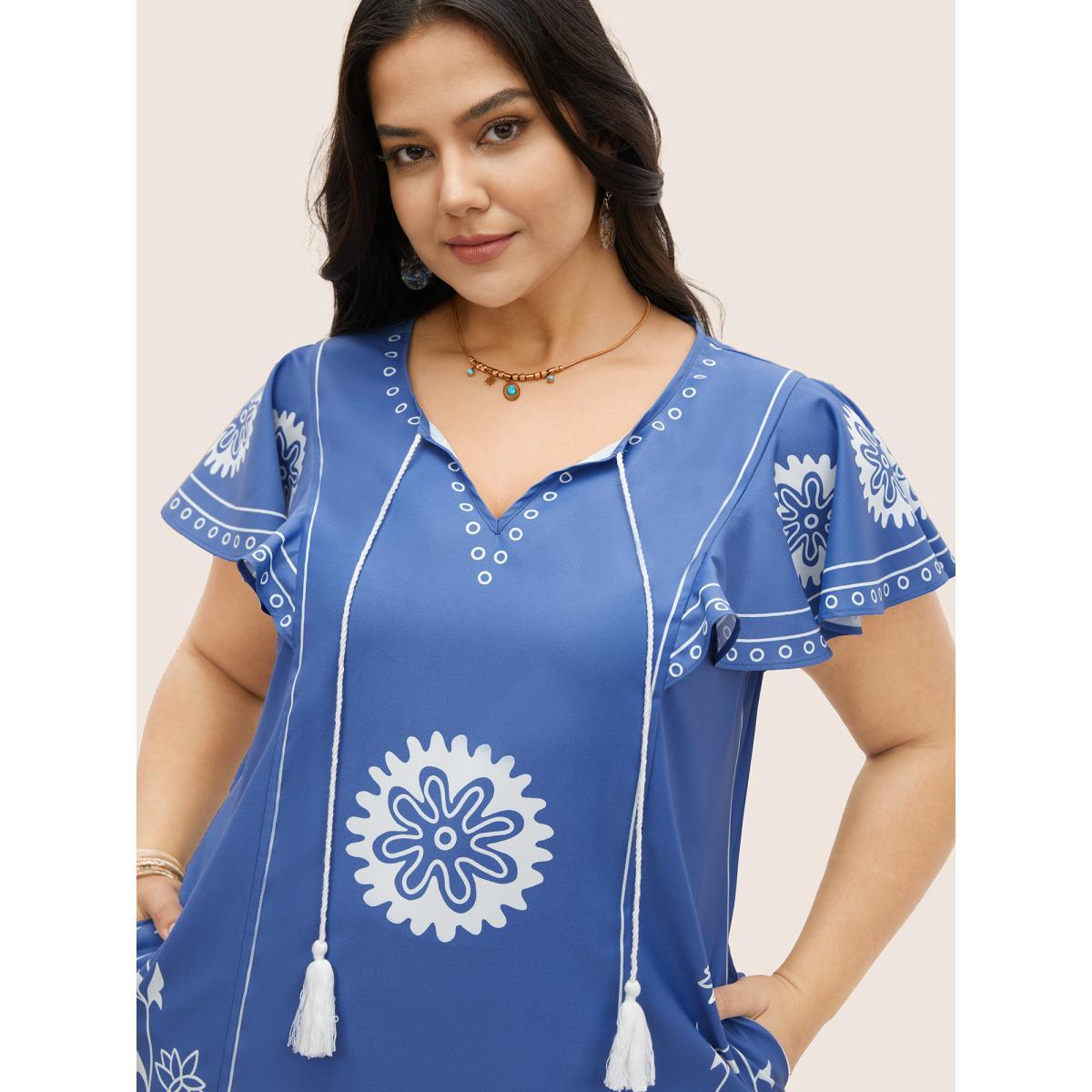 Plus Size Boho Print Tassels Ruffle Sleeve Dress LightBlue Women Resort Tassels Notched collar Cap Sleeve Curvy Midi Dress BloomChic 26/4X Product Image