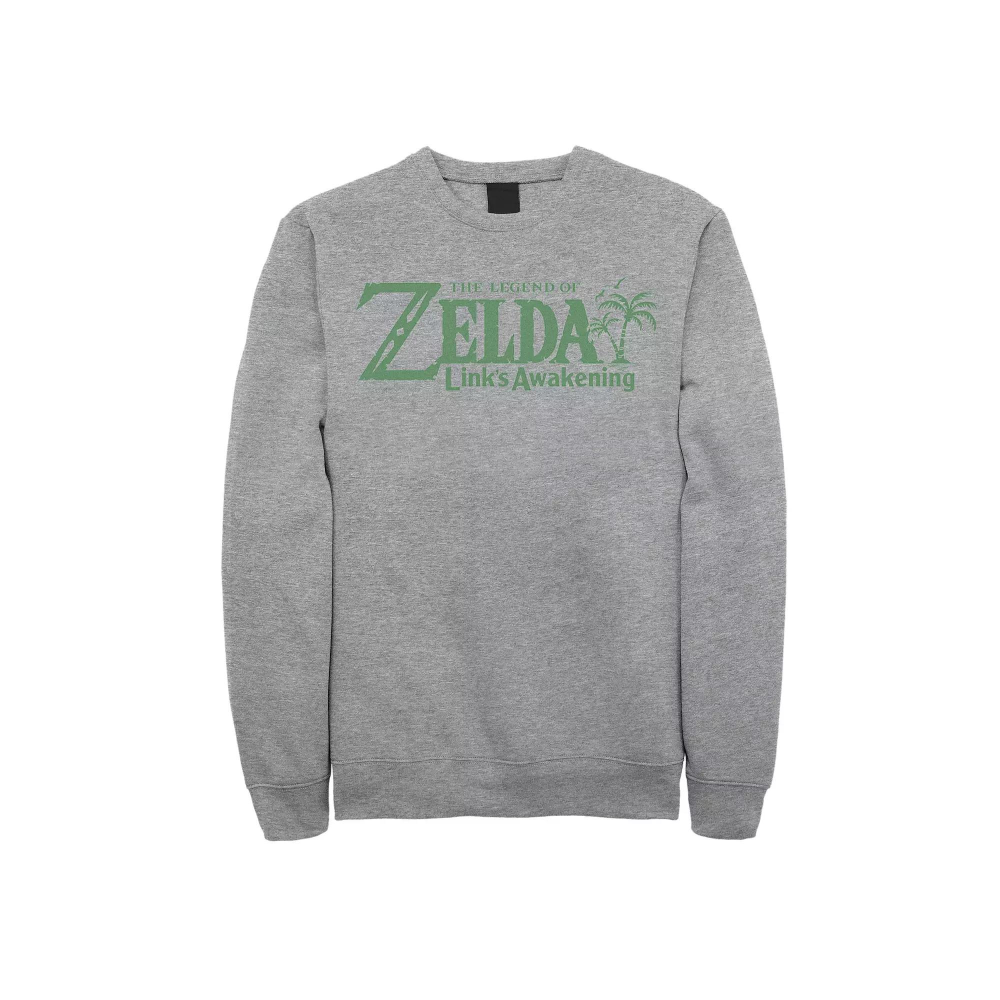 Mens Nintendo Legend Of Zelda Links Awakening Palm Tree Green Logo Graphic Fleece Pullover Athletic Grey Product Image