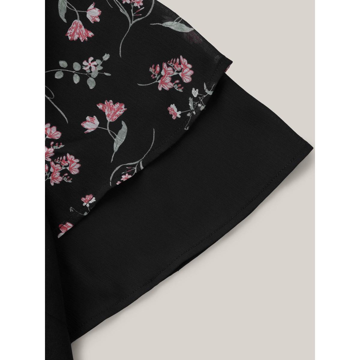Plus Size Black Floral Layered Sleeve Solid Blouse Women Short sleeve V-neck Everyday-Casual Blouses BloomChic 14-16/1X Product Image