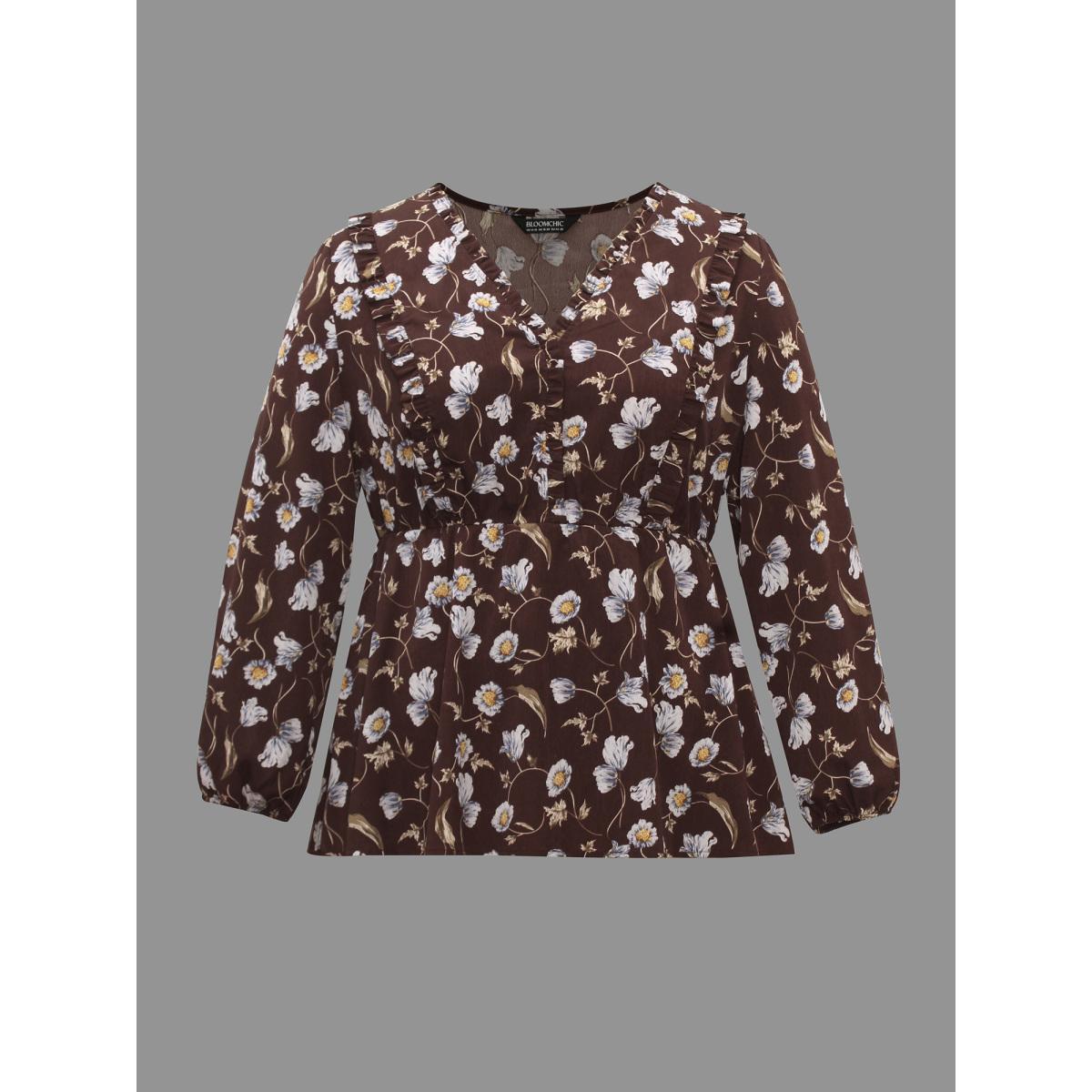 Plus Size DarkBrown Floral Lantern Sleeve Frill Trim Blouse Women Elegant Long Sleeve V-neck Everyday Blouses BloomChic 22-24/3X Product Image