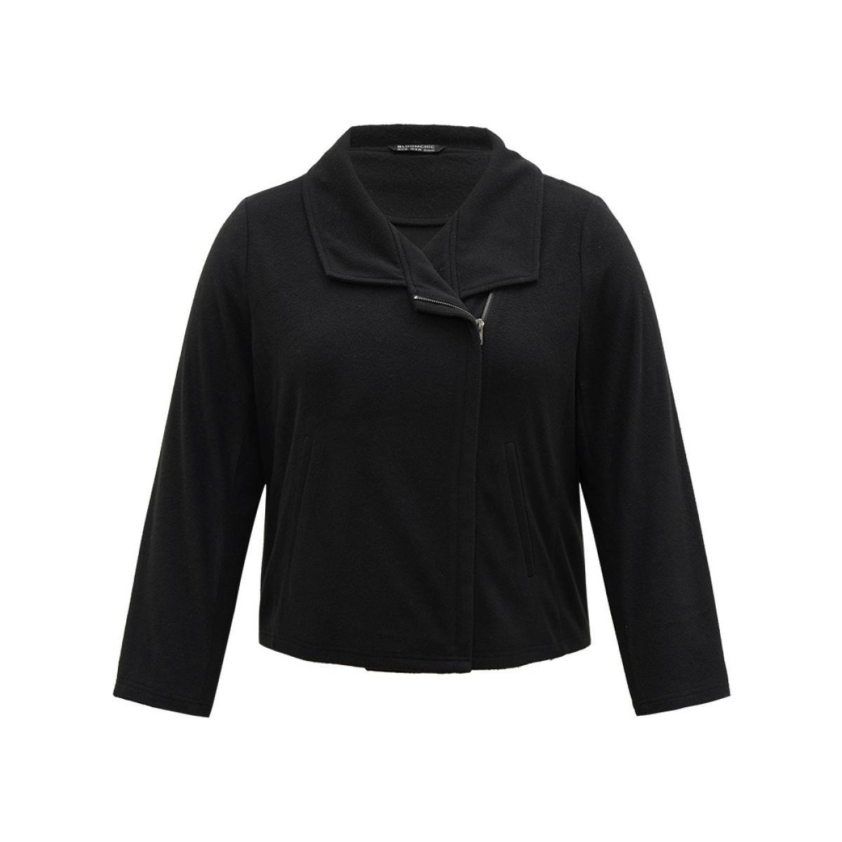 Plus Size Solid Lapel Collar Zipper Jacket Women Black Plain Pocket Everyday Jackets BloomChic 28/5X Product Image