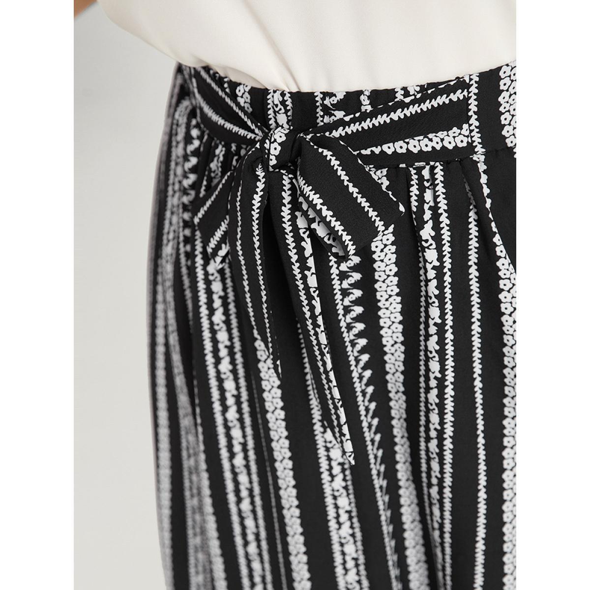 Plus Size Striped Bowknot Pocket Ruffle Trim Skirt Women Black Office Cross straps No stretch Pocket Work Skirts BloomChic 28/5X Product Image