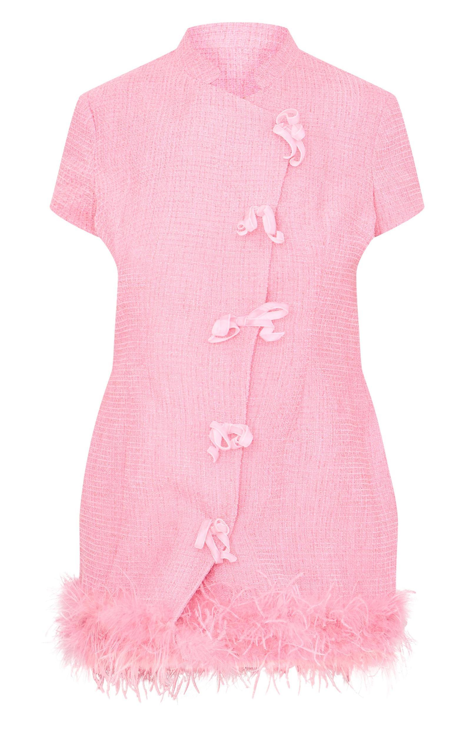 Plus Pink Glitter Boucle Feather Trim Mini Dress Product Image
