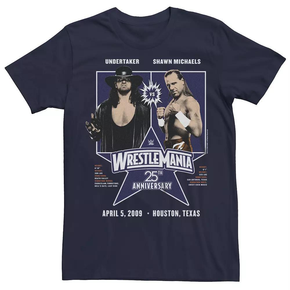 Men's WWE Wrestlemania 25th Undertaker vs Shawn Michaels Retro Poster Graphic Tee, Size: Small, Blue Product Image