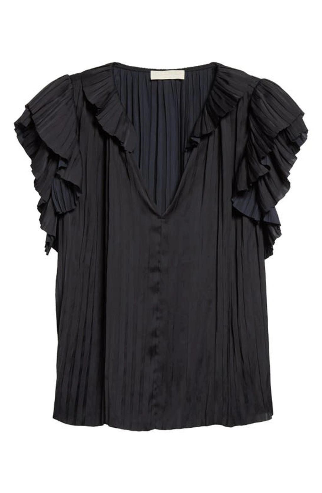 Elli Pleated Satin Split-neck Keyhole Top In Black Product Image