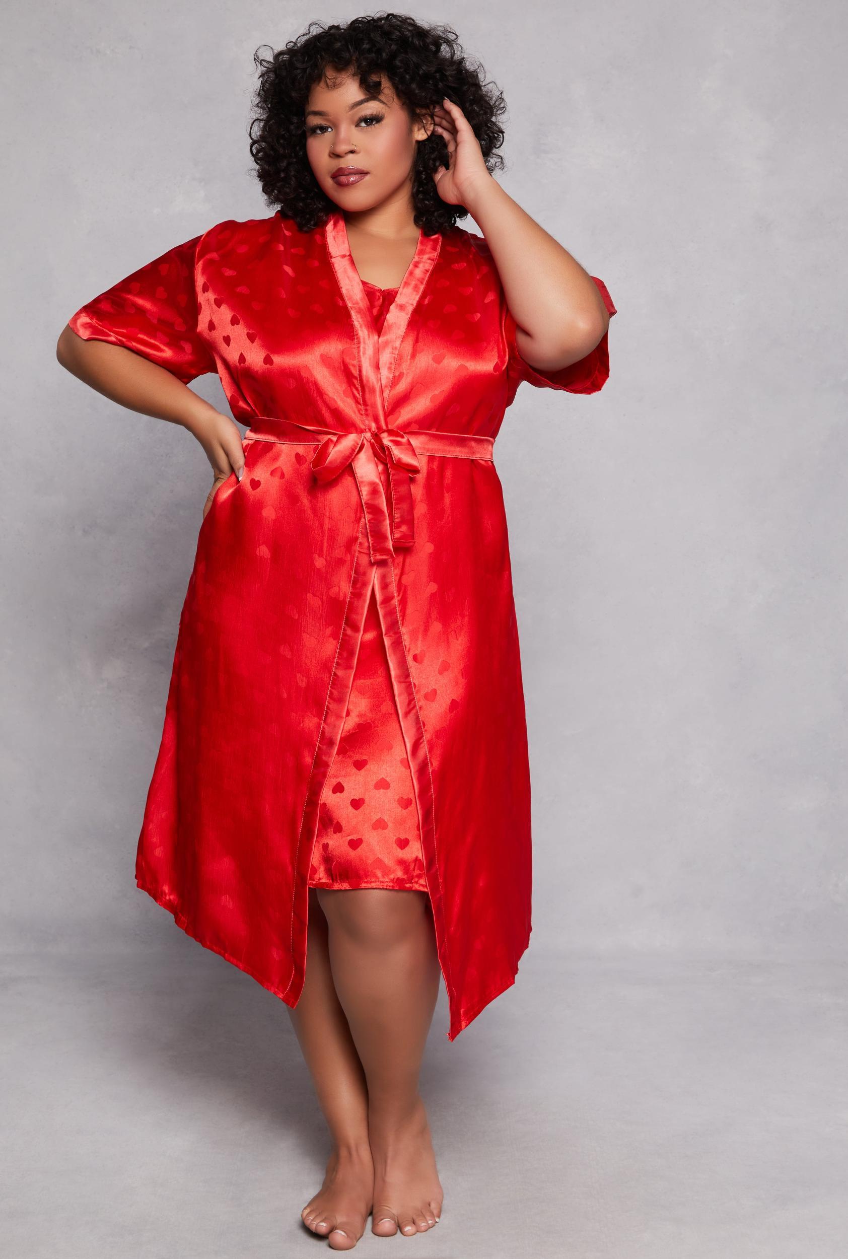 Womens Plus Size Heart Print Satin Nightgown with Robe Product Image
