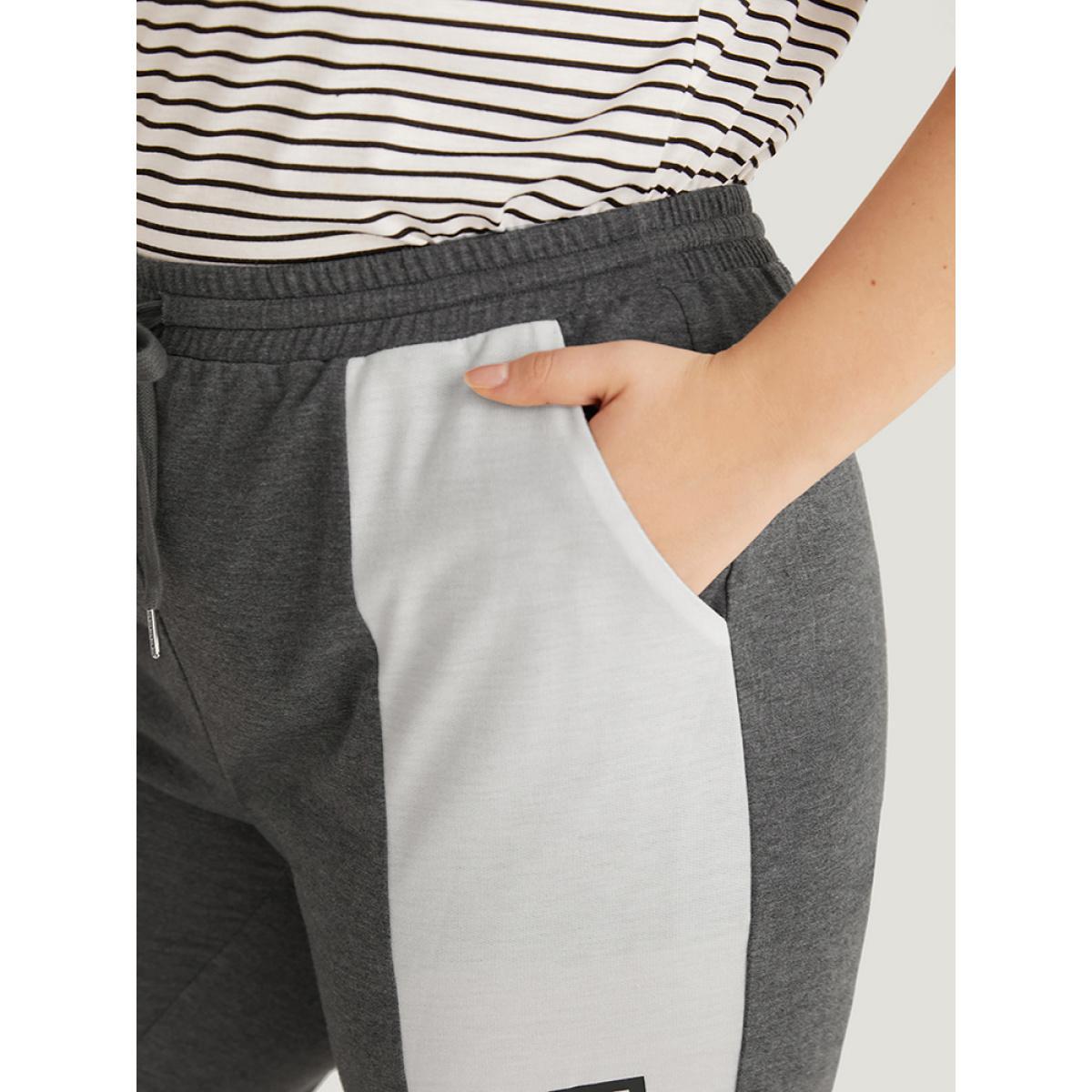Letter Print Bowknot Contrast Patchwork Pocket Sweatpants Gray Plus Size Women Casual Everyday Contrast 22-24/3X Bloomchic Product Image