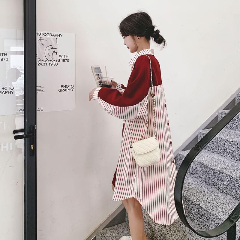 Long-Sleeve Striped Panel Midi Shirt Dress Product Image