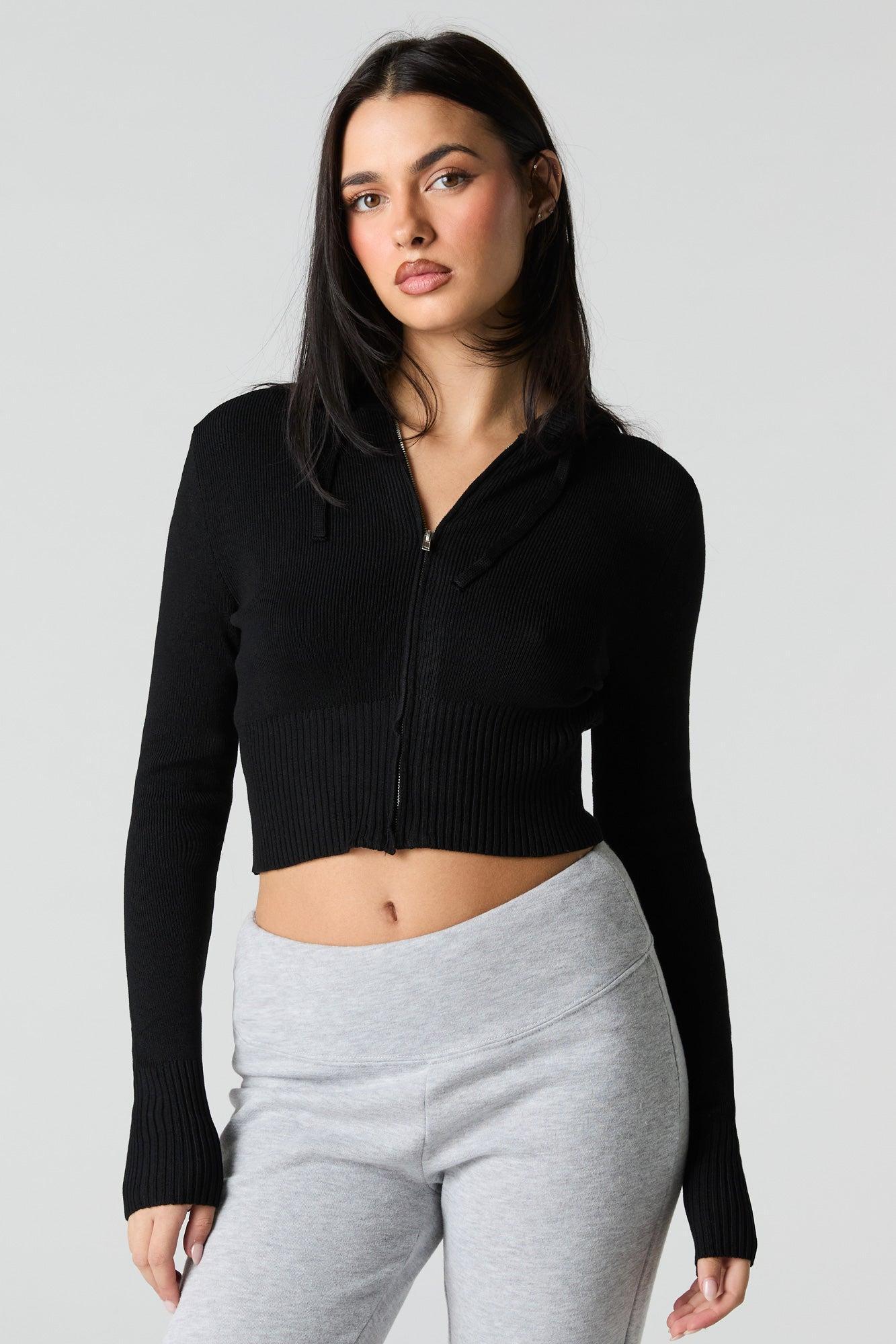 Ribbed Knit Zip-Up Hooded Sweater Female Product Image