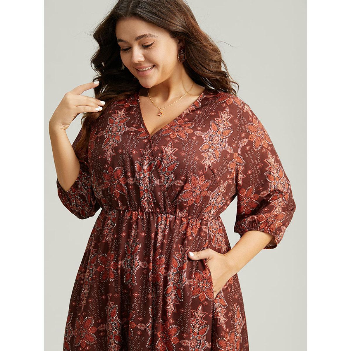 Plus Size Christmas Boho Print Wrap Ruffle Layered Hem Dress Raspberry Women Office Elastic cuffs Overlap Collar Elbow-length sleeve Curvy Midi Dress BloomChic 26/4X Product Image