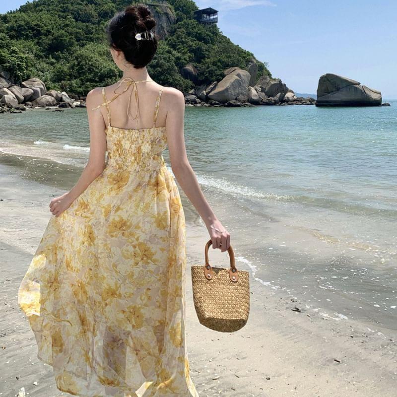 Spaghetti Strap V-Neck Floral Print Maxi A-Line Dress Product Image