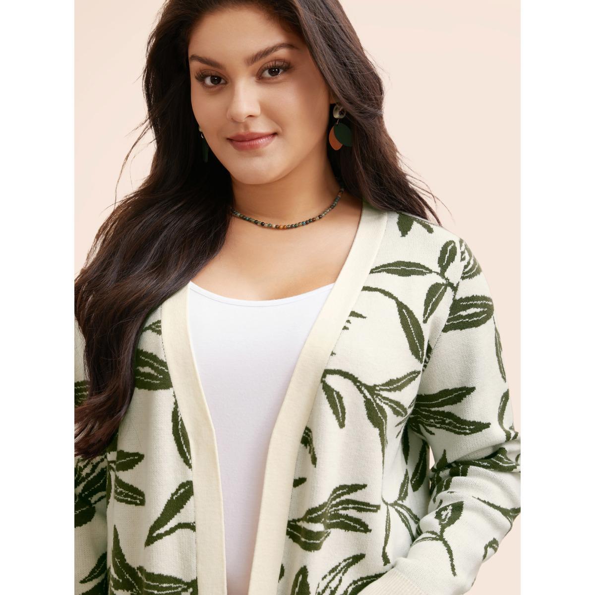 Plus Size Leaf Pattern Patch Pocket Jacquard Cardigan Beige Women Casual Loose Long Sleeve Everyday Cardigans BloomChic 22-24/3X Product Image