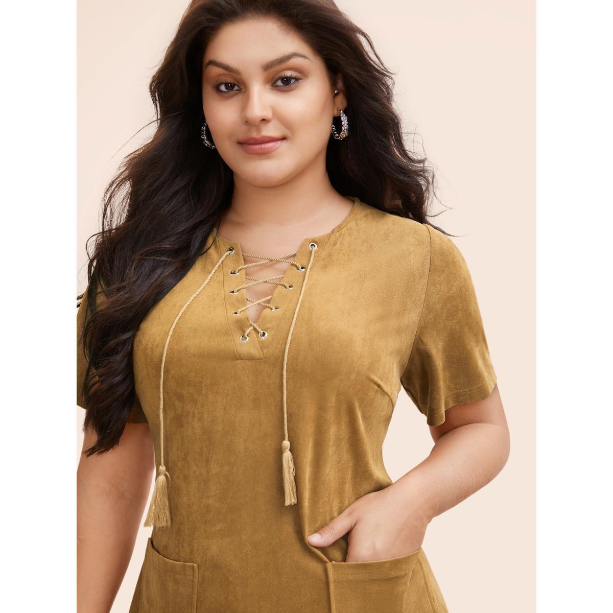 Plus Size Suede Stretchy Back-Waist Midi Dress Wheat Women Resort Eyelet Round Neck Short sleeve Curvy BloomChic 12/L Product Image