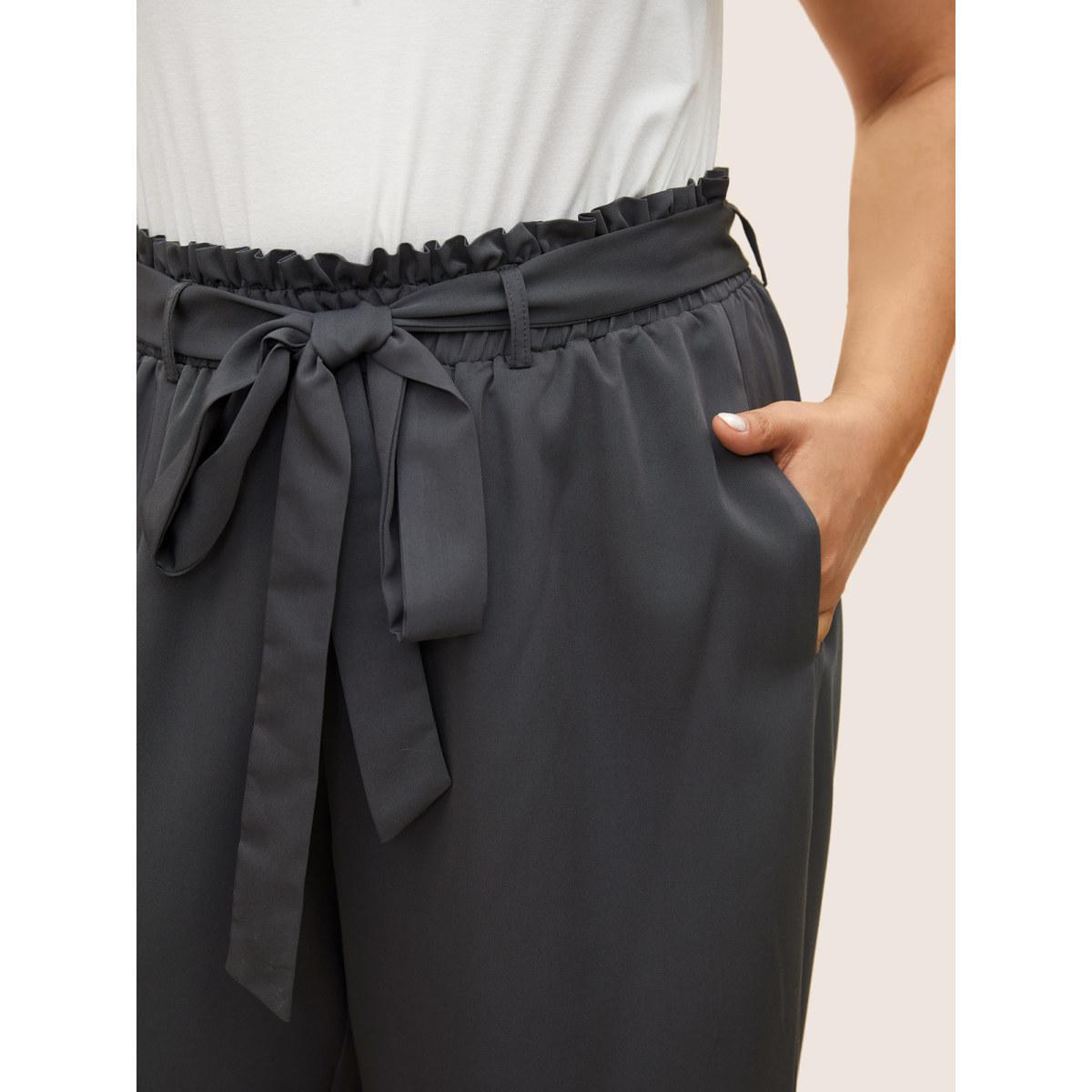 Plus Size Plain Paperbag Waist Belted Wide Leg Pants Women DimGray Elegant Wide Leg High Rise Everyday Pants BloomChic 30/6X Product Image