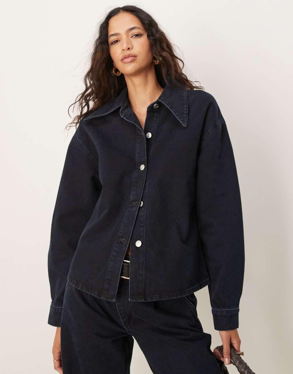 ASOS DESIGN oversized denim shirt with elongated collar Product Image