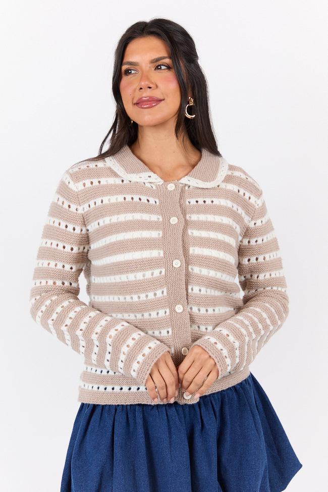 Warm Feelings Taupe Open Knit Striped Collared Cardigan SALE Product Image