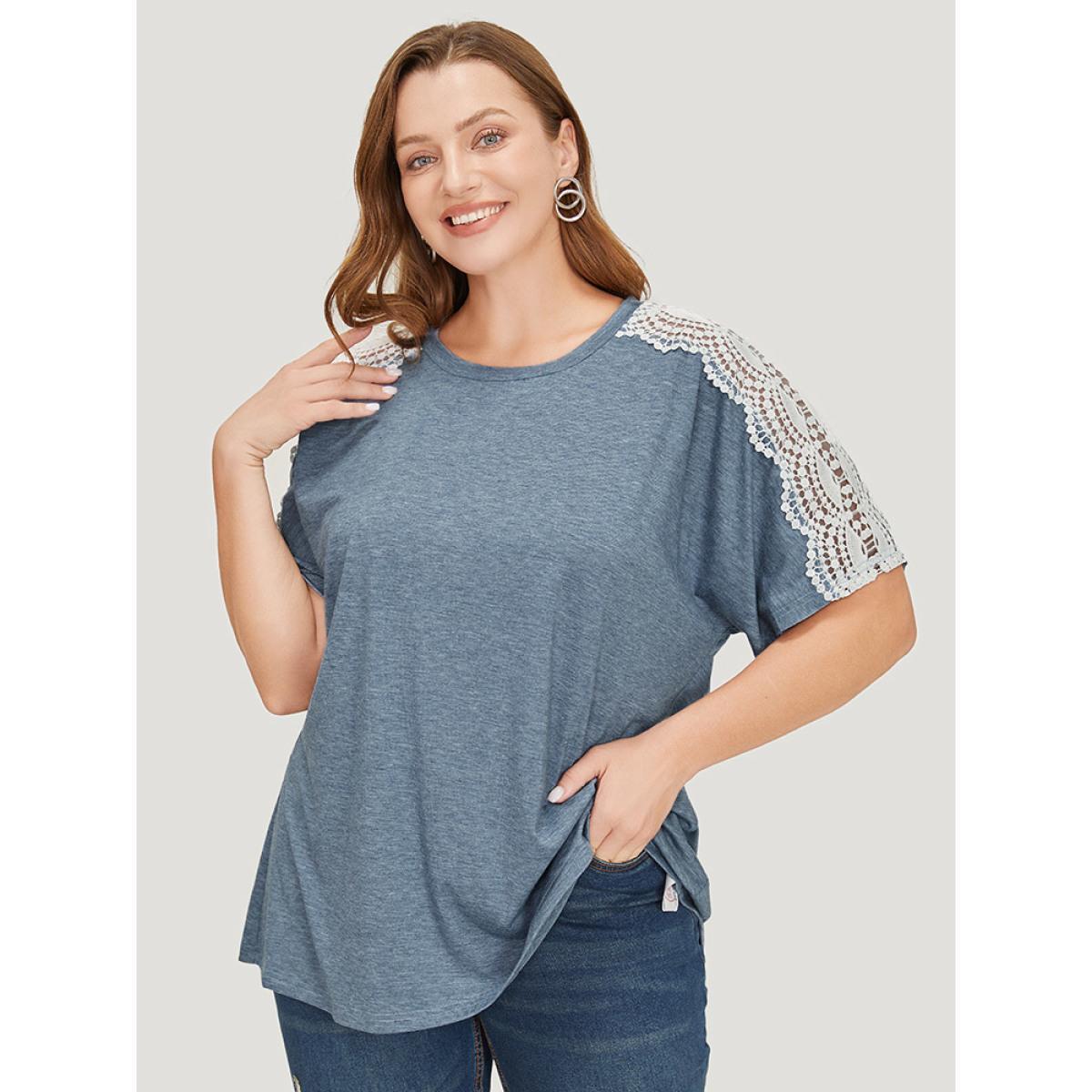Plus Size Solid Contrast Lace Heather T-shirt Stone Women Elegant Heather Plain Round Neck Dailywear T-shirts BloomChic 22-24/3X Product Image
