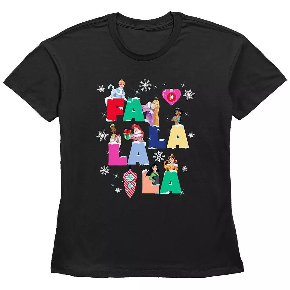 Disney Princess Cinderella, Rapunzel, Jasmine, Tiana, Ariel, Mulan & Belle Fa La La La Christmas Singing Women's Graphic Tee, Size: Large, Black Product Image