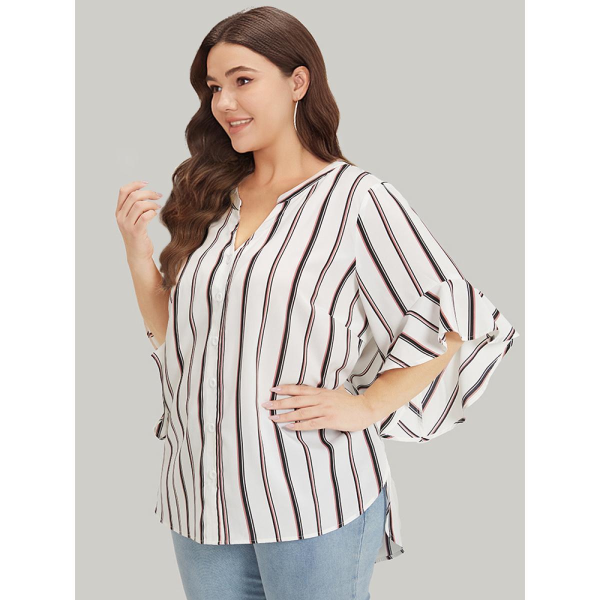 Plus Size White Striped Contrast Notched Bell Sleeve Split Side Blouse Women Office Elbow-length sleeve Notched collar Dailywear Blouses BloomChic 18-20/2X Product Image