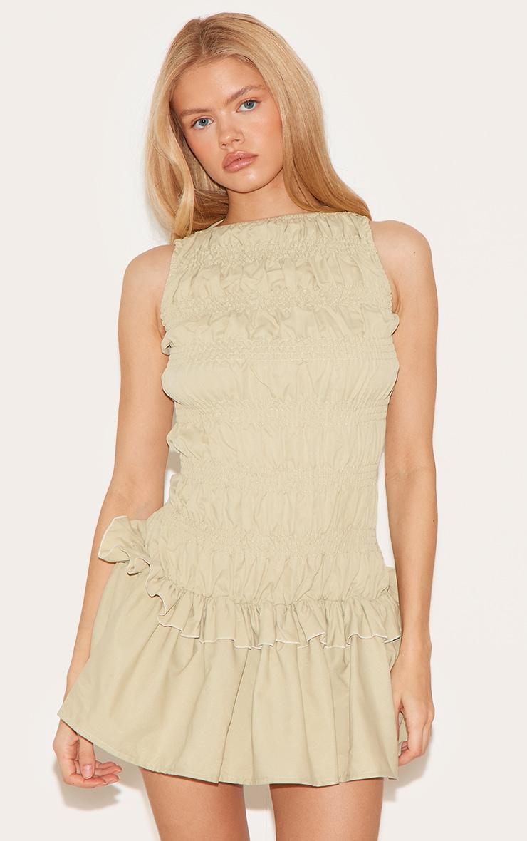 Sage Green Tailored Shirred Frill Shift Dress Product Image