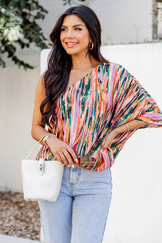 All Dressed Up Multi Printed Satin One Shoulder Blouse FINAL SALE Product Image