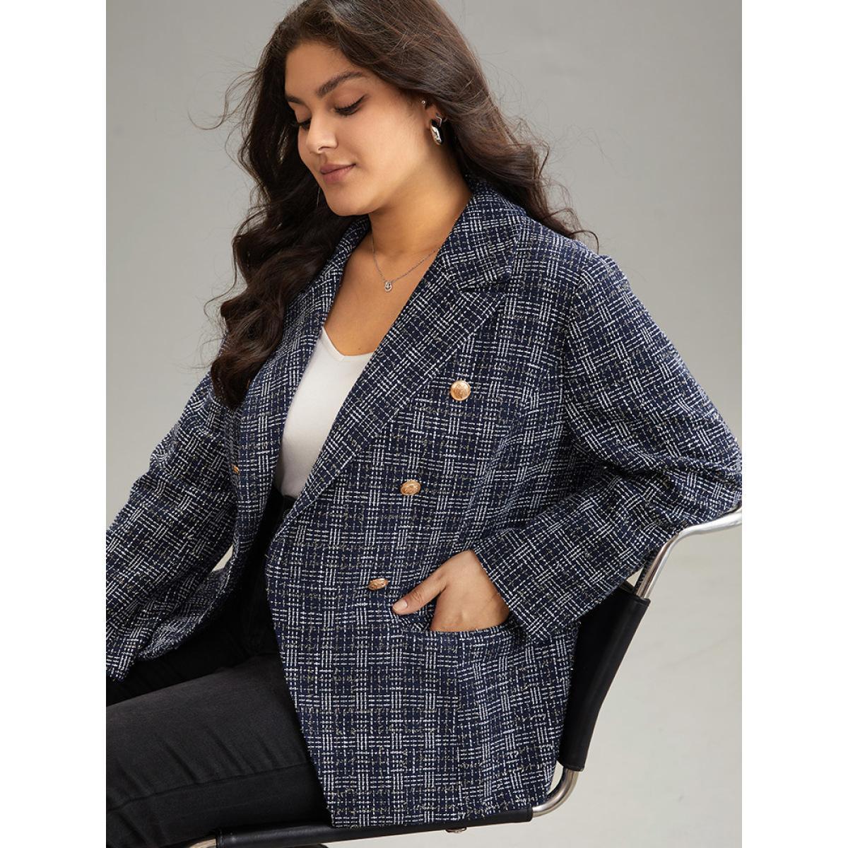 Plus Size Tweed Plaid Suit Collar Metal Detail Blazer Indigo Women Dailywear Plaid Lined Sleeve Long Sleeve Suit Collar 22-24/3X Pocket Casual Blazers BloomChic Product Image
