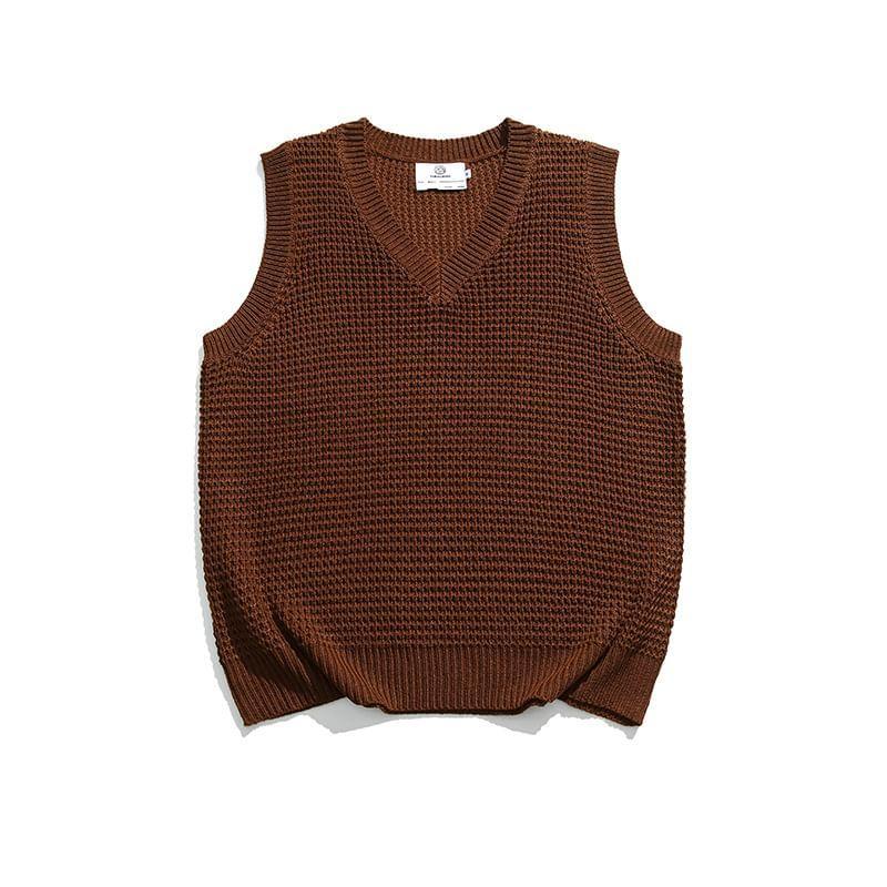 V-Neck Plain Knit Sweater Vest Product Image